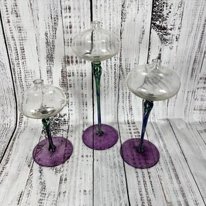 Vintage Hand Blown Pedestal Art Glass Oil Lamp Stemmed Romanian Set Of 3